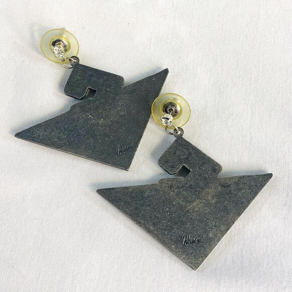 Vintage 80’s Richard NURI Pewter Earrings w/ Abalone Inlay Art Deco Style - Picture 6 of 7